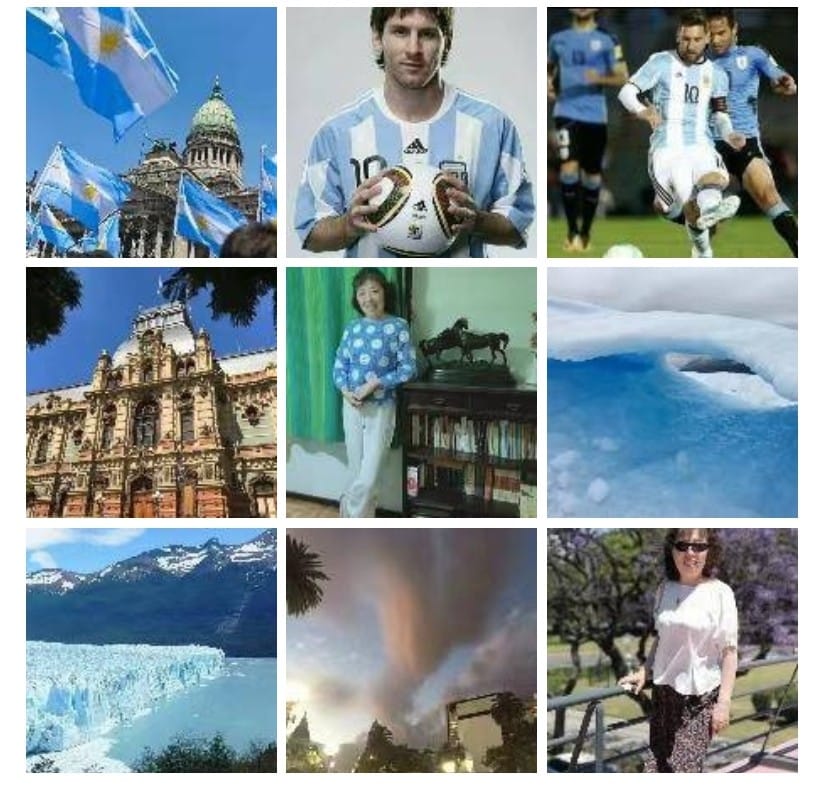 Fotos: 1. el Congreso y banderas de Argentina. 2. Messi sosteniendo una pelota. 3. Messi jugando al fútbol. 4. Museo del Agua y de la Historia Sanitaria. 5. Mi tía con un suéter tejido por ella celeste y blanco. 6. y 7. Fotos de los glaciares. 8. El cielo. 9. Mi tía posando frente a un jacarandá.